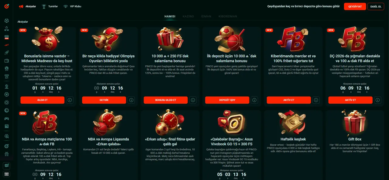 Pinko Kazino bonusları və aksiyalar